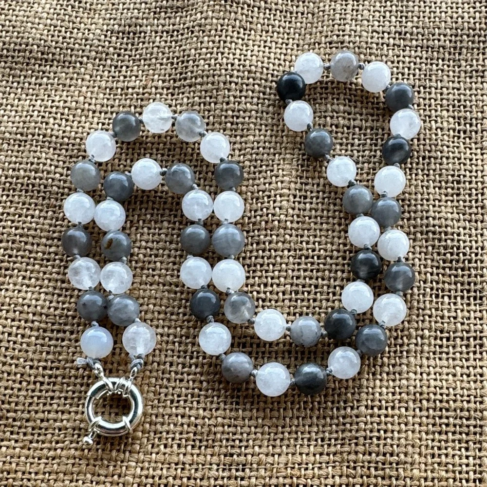 Moonstone & Clear Quarts knotted necklace handmade